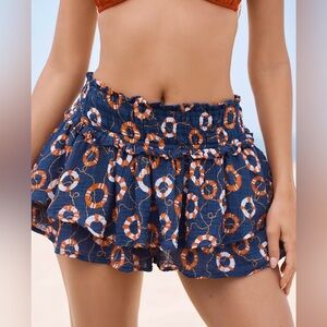 Anthropologie Boho Mini Skirt Size Medium Smocked Ruffled Nautical Buoy Skort